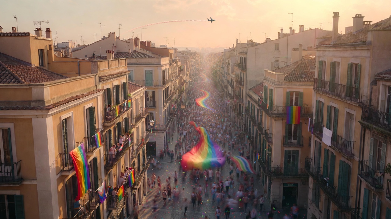 A sun-drenched European cobblestone street filled with a colorful Pride celebration crowd, rainbow flags hanging from wrought iron balconies, confetti in the air, golden hour light over rooftops