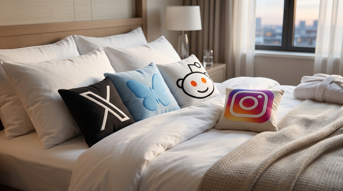 Bluesky icon, reddit icon and instagram icon. They are laying down in a bed of a hotel. No text