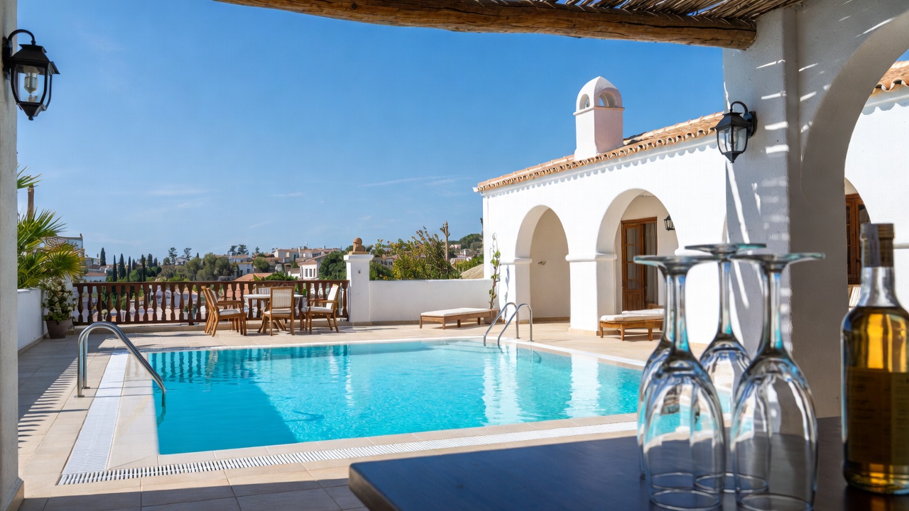 Sunny poolside terrace at a Mediterranean hotel during an industry awards weekend