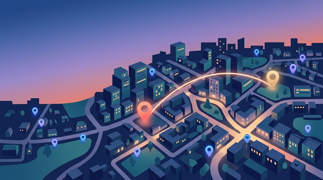 A stylised city seen from slightly above at dusk, streets and rooftops in deep navy and soft purple, with small glowing location pins scattered across different neighbourhoods.