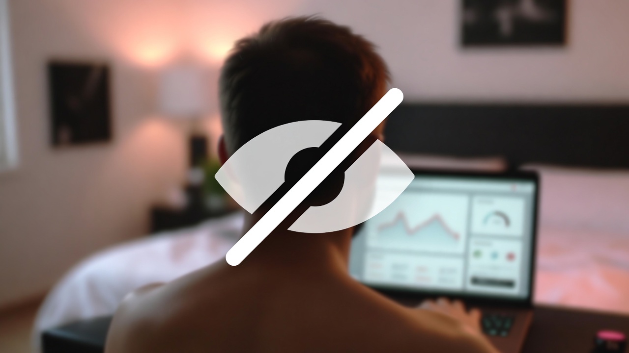 Blurred photo of a man at a laptop with creator dashboard. Heavy gaussian blur over entire image. Semi-transparent white eye-slash icon centered. Warm pink tones.